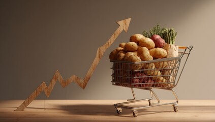 Shopping cart filled with various root vegetables, beside a growth chart