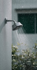 An outdoor shower head streams water on a sunny day with green shrubbery.
