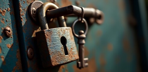 Rusty padlock and key on a weathered metal surface
