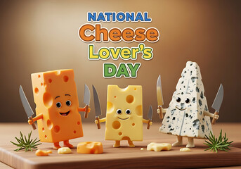 Fun cheese characters celebrate national cheese lovers day with knives