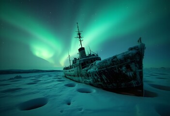 Fototapeta premium Abandoned Shipwreck Bathed in Northern Lights on Frozen Arctic Ice