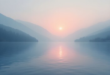 Fototapeta premium Serene Lake Sunrise: Misty Mountains Reflecting Pastel Dawn Hues
