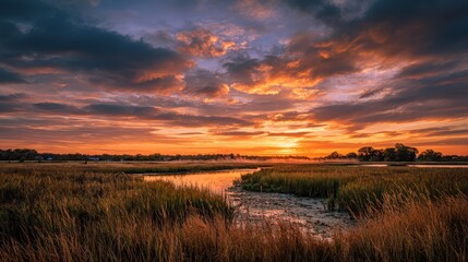 Delaware Landscape. Stunning Sunset Over Marsh with Dramatic Sky and River
