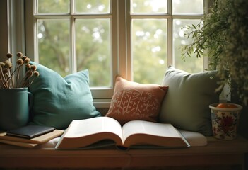 Fototapeta premium Tranquil Window Seat Retreat: A Cozy Reading Nook with Nature's View