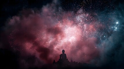 Fototapeta premium Fireworks burst behind a serene Buddha statue during a sacred celeb n