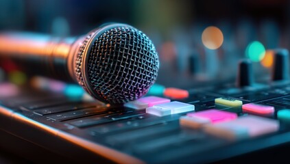 Obraz premium Close-up of microphone on audio control panel
