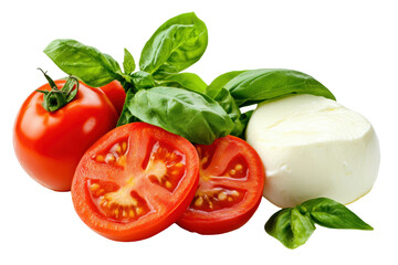 Fresh Italian Ingredients: A vibrant close-up of the essential ingredients for a Caprese salad, including ripe tomatoes, fresh basil, and creamy mozzarella cheese.