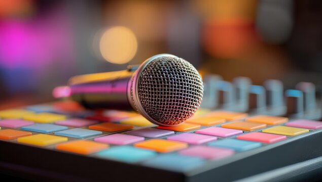 Close-up microphone on colorful midi controller