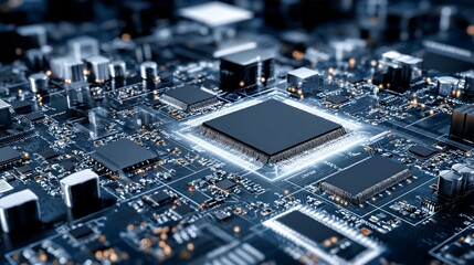 Glowing circuit board with chips, capacitors, and intricate connections