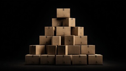Cardboard boxes stacked in a pyramid shape against a dark background