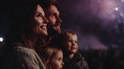 Family joyfully celebrating under a fireworks filled sky
