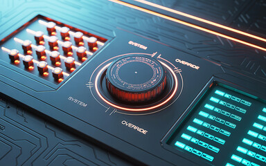 Close-up of a futuristic control panel featuring a glowing override dial, illuminated buttons, and digital screens, symbolizing advanced technology