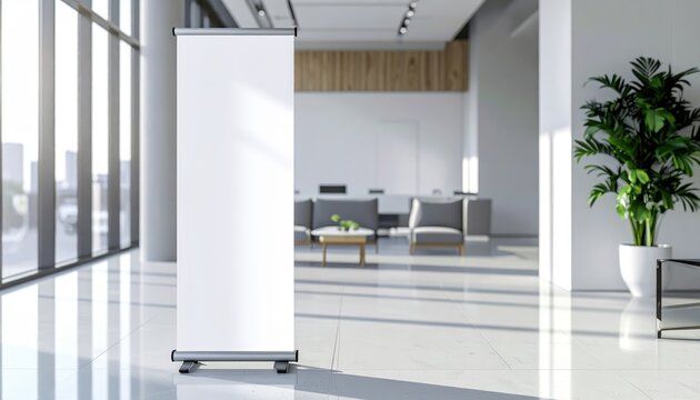 empty white banner stand in modern bright office lobby with large windows