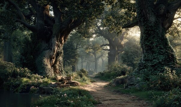 Sunlit forest path winding through ancient trees - Powered by Adobe