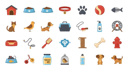 Vibrant Collection of Pet Care Essentials Icons: Adorable Supplies for Dogs, Cats, and Birds, Perfect for Animal Lovers and Pet Businesses