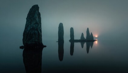 Misty morning landscape with rock formations reflected in still water
