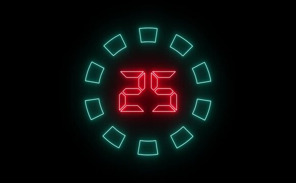 A neon-themed 30-second countdown icon animation with glowing numbers decreasing in real-time. A pulsating circular ring tracks progress, creating a futuristic, high-energy visual effect.
