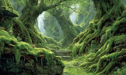 Lush, mossy forest path