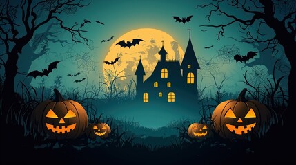 Halloween Cartoon Haunted House Background with Pumpkins Bats, Fantasy Night Scene Flat Illustration, Digital Art for Games.
