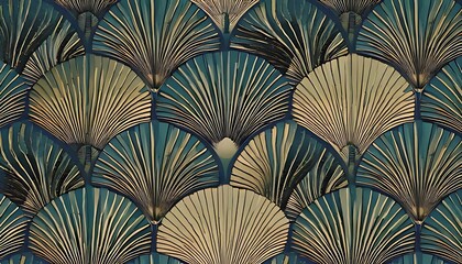 Teal and gold overlapping fan-like shapes create a luxurious, repeating pattern