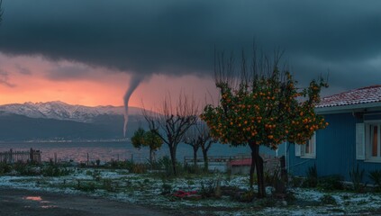 A dramatic sunset over a landscape with a tornado and orange trees