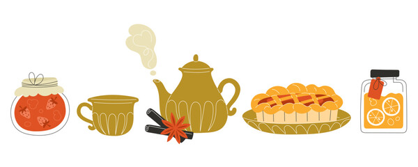 Tea Time Set with Teapot Cup Jam and Autumn Pie Cozy Fall Illustration