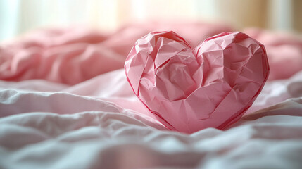 Crumpled pink paper heart on bed, sunlight, soft sheets