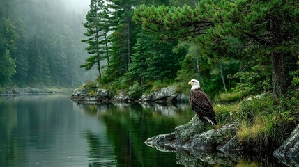 Majestic bald eagle perching on rock by serene lake in misty forest