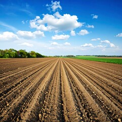 A vast, plowed field stretches under a brilliant blue sky dotted with fluffy white clouds, showcasing a serene rural landscape.