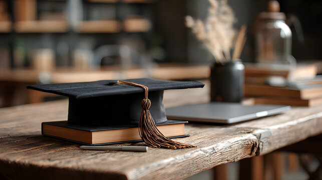 Black graduation cap on the table with laptop and pe. Concept of online educaton