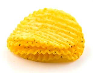 Two wavy, seasoned potato chips on white background