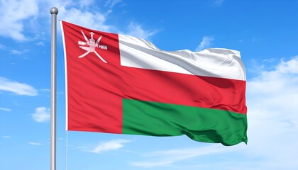 Oman’s national flag waving on a pole against a clear blue sky with scattered clou