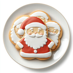 3D Santa Claus cookies on a plate close-up, isolated, on a white background. Illustration, funny, festive print. Advertising of festive sweets.
