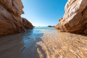 Fototapeta premium Crystal-clear water reflects sunlight between rocky formations,