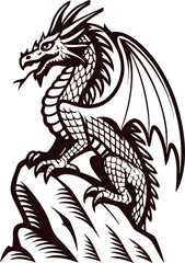 Obraz premium Mythical dragon perched on rocky cliff with wings spread, detailed black ink engraving, fantasy illustration