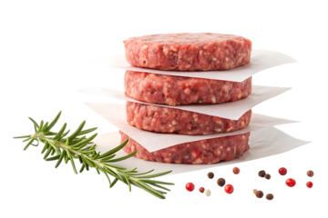 Raw burger patties stack with rosemary and pepper on transparent background