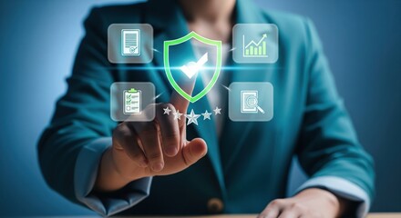 A businessman taps on a digital shield with green checkmark and stars, icons show contract, checklist, graphs, document review, quality control process, quality assurance