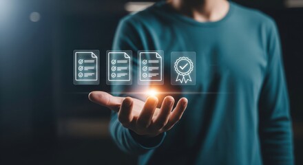 A man arm holds hand up with floating digital documents and ribbon checkmark icon, document review, quality control process, quality assurance