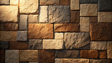 Obraz premium Textured Stone Wall with Rectangular Blocks and Warm Lighting