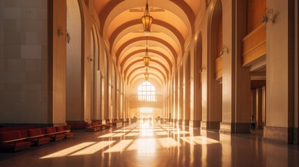 a long, ornate, arched corridor with rows of columns and red cushioned seats, the floor is a shiny marble, the walls and ceiling are golden and ornate, a warm and inviting atmosphere, highly detailed,