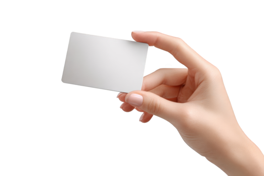 Woman's hand holding a blank white card
