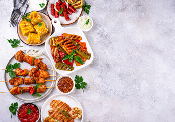 Assortment of grilled bbq meat and vegetables
