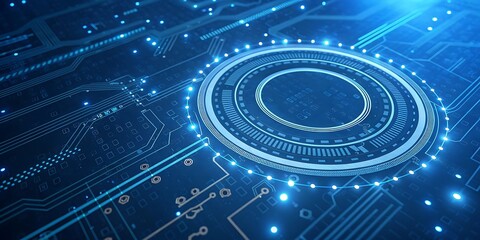Futuristic blue digital circuit board with glowing concentric circles and data streams representing advanced technology and innovation