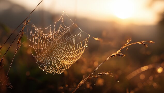 Dew-kissed spider web at dawn - Powered by Adobe
