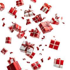 Explosion of gifts falling down close-up, isolated, on white background. Illustration, concept of holiday, happiness.
