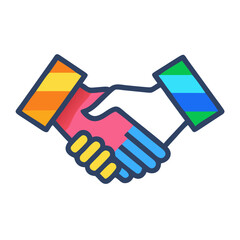 Colorful handshake icon symbolizing partnership and agreement - Flat illustration of two colorful hands shaking, representing business partnership, teamwork, trust, cooperation, and successful collabo