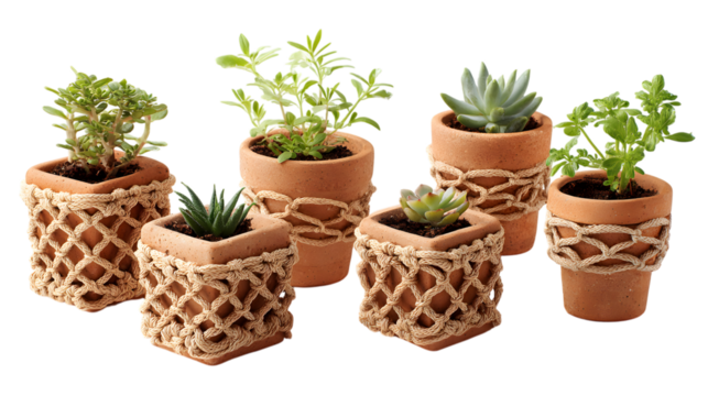Charming terracotta pots with lush succulents and macrame accents bring natural beauty indoors isolated on white background