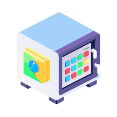 Isometric safe deposit box illustration - Colorful isometric illustration of a secure safe deposit box with a keypad and lock, representing security, money storage, and protection of valuables. 