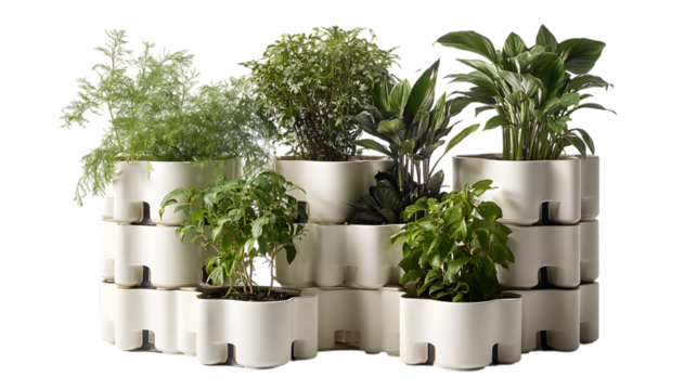Stylishly arrange lush greenery in modern modular planters for vibrant indoor spaces isolated on white background