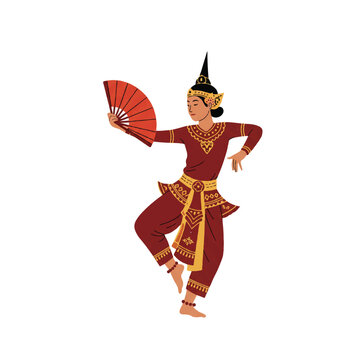 Cambodian dancer performing traditional apsara dance with fan in ornate costume on stage, showcasing cultural heritage and artistic expression.
